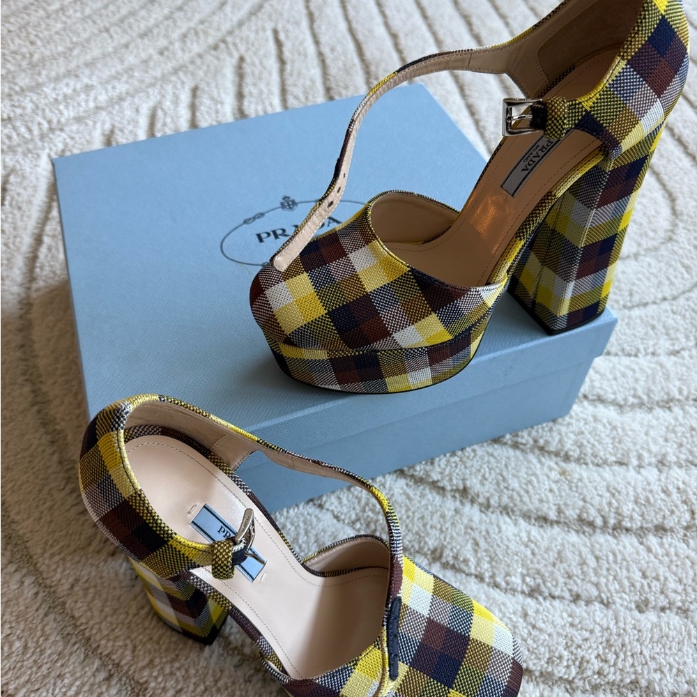 Prada Yellow and Brown Heels with Chunky Block Heel